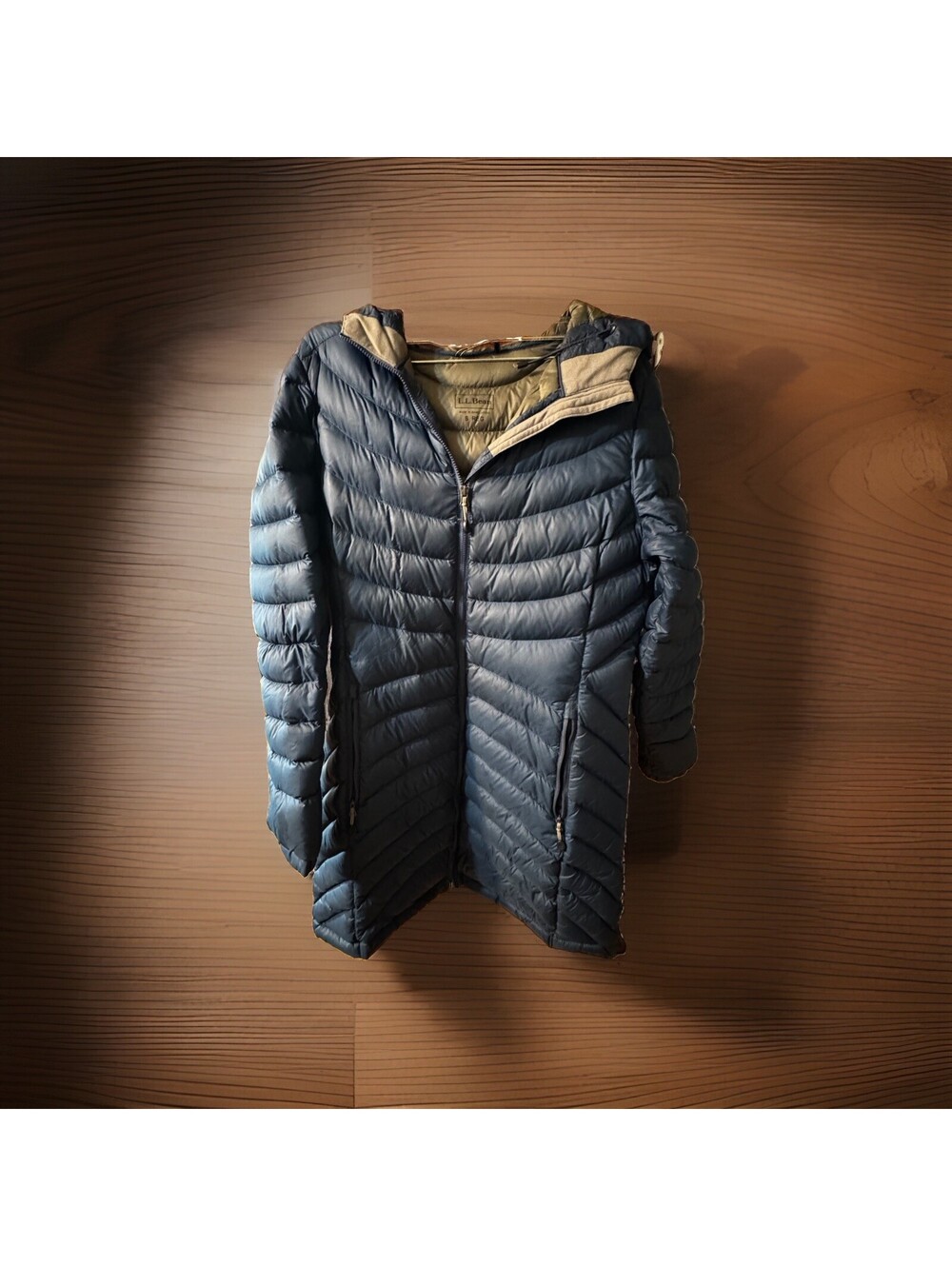L.L.Bean Womens S Ultralight 850 DownTek Hooded Down Coat Blue Long